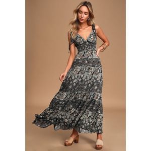 Let's Smock About It Black Floral Print Tiered Maxi Slip Dress